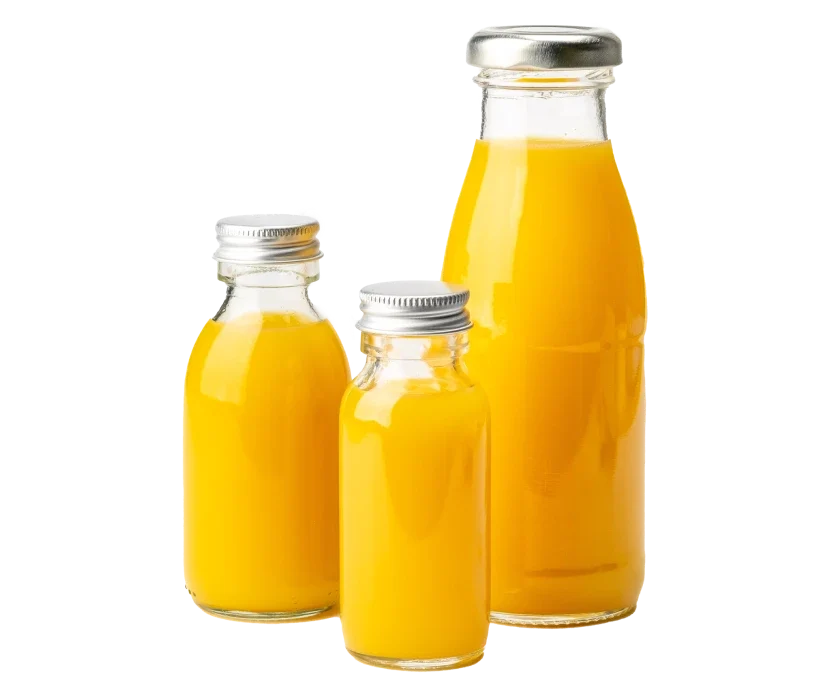 Three different sizes of juice bottles with orange juice inside them